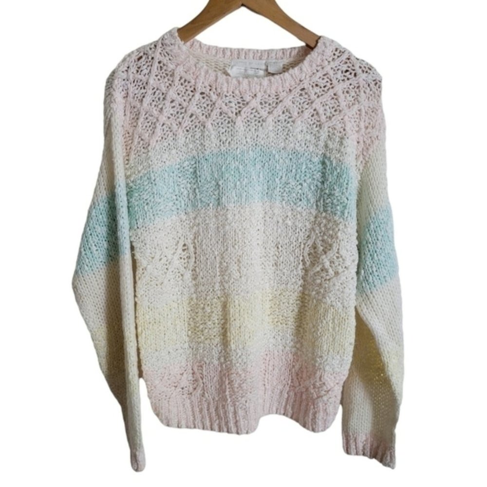 Vintage Hand Knit Pastel Rainbow Pullover Sweater Medium